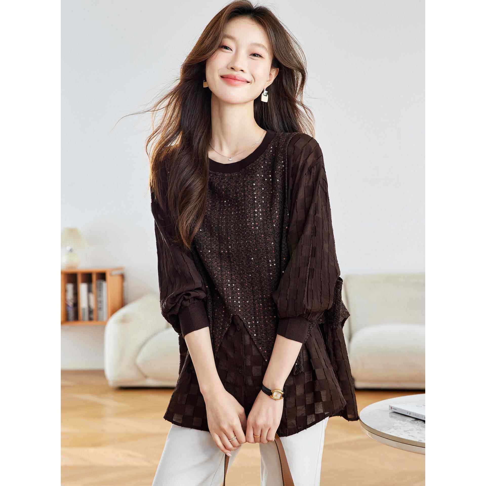 高级感假两件长袖衬衫女秋季2025年新款宽松大码遮肉显瘦亮片上衣