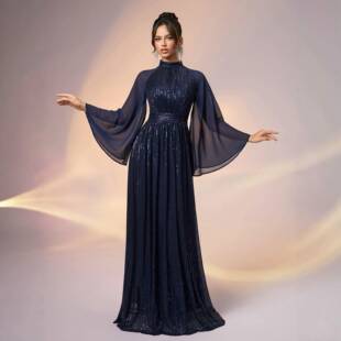Elegant Women'S Round Neck Long Sleeve Evening Dress,,