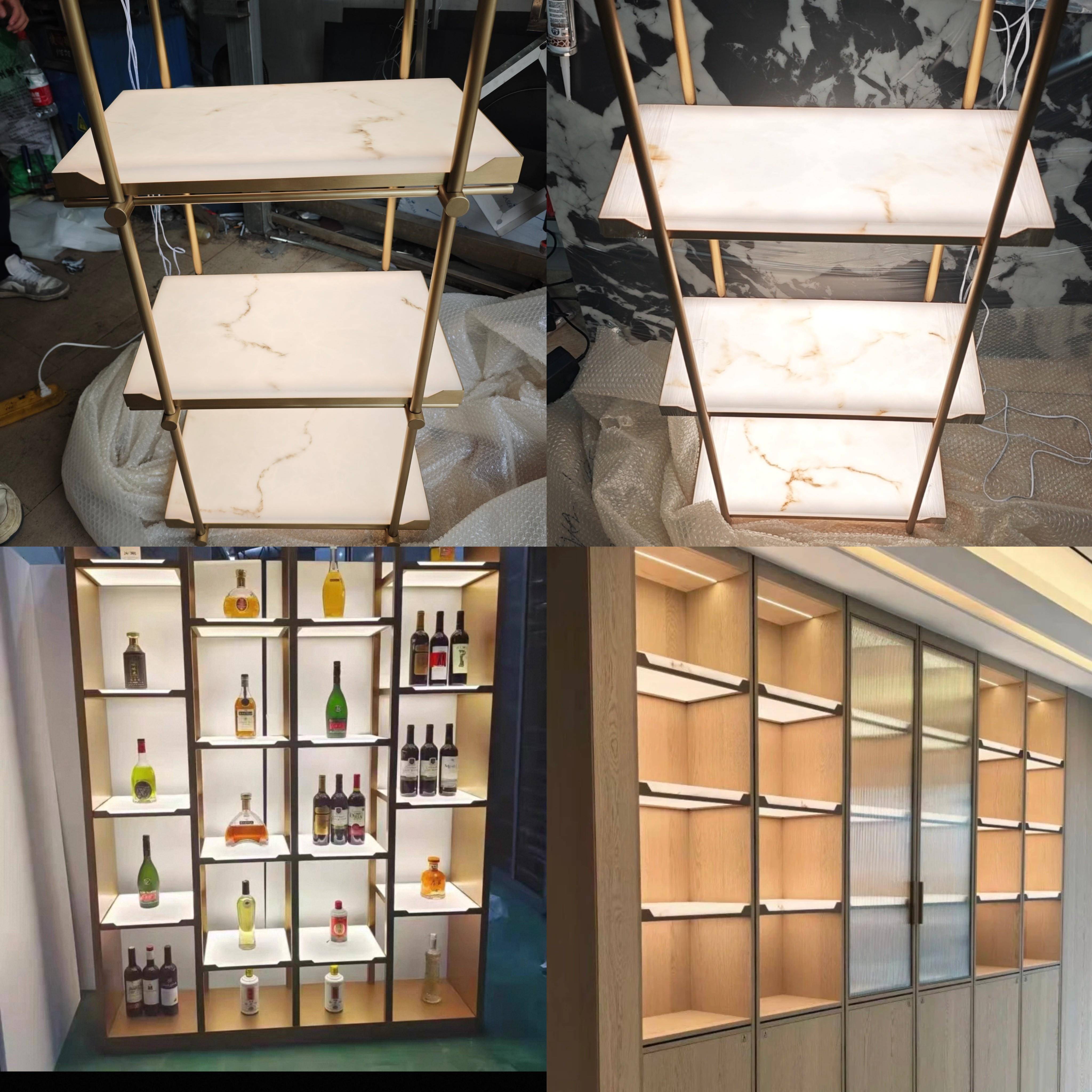 定制不锈钢云母石发光吊架透光发光层板酒柜酒店金属装饰吊顶酒架图片