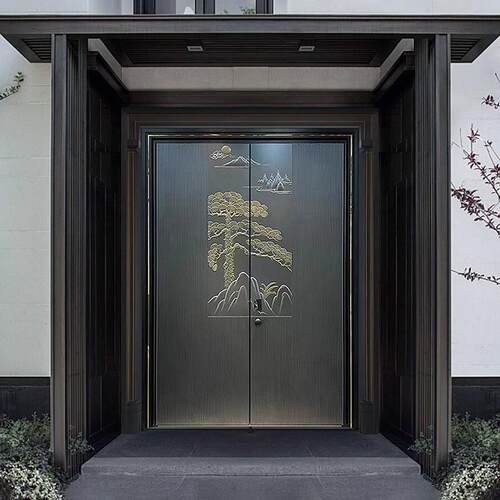 农村庭院智能防盗大门中式庭院大门别墅入户门密码指纹铝艺双开门