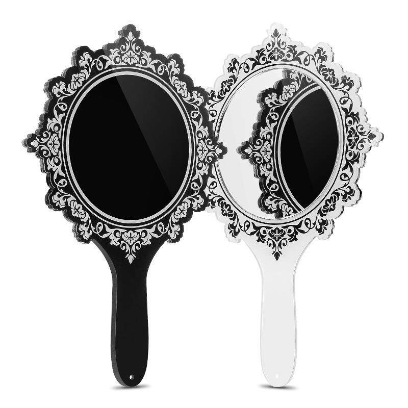 直销新款创意复古花纹手柄化妆镜美容院便携随身圆形花边镜公主手