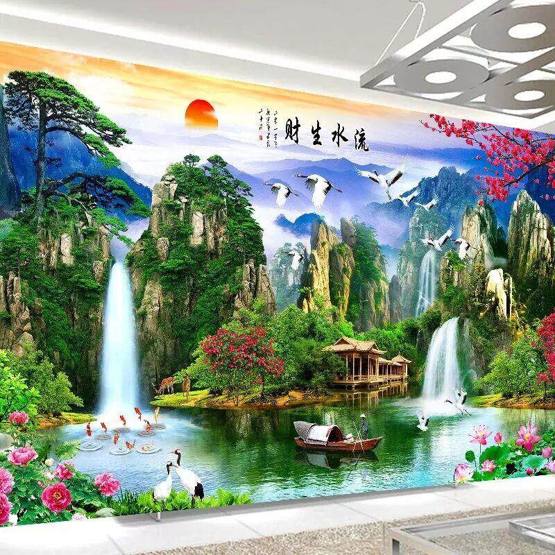 自己绣十字绣2025新款线绣客厅流水生财风景山水画满绣大幅迎客松