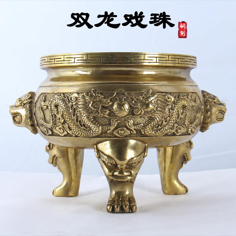 纯铜双龙香炉摆件招财鼎聚宝盆大号三足香炉家用佛堂寺庙供奉摆设