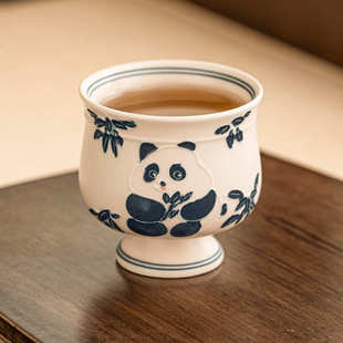 手绘熊猫高足圈口杯陶瓷茶杯主人杯高档茶具家用茶盏喝茶品茗杯子
