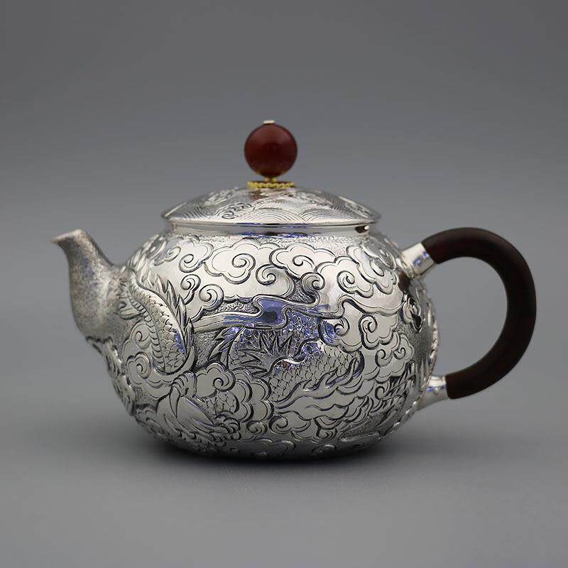 纯手工泡茶壶祥云飞龙浮雕錾刻过滤茶漏龙须水壶家居茶具高端精品