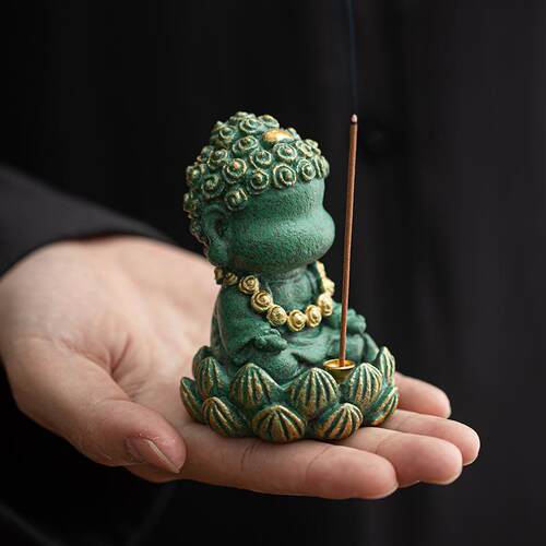 青砂石彩金四不小佛茶宠茶玩家用线香插香托香座茶台摆件桌面装饰