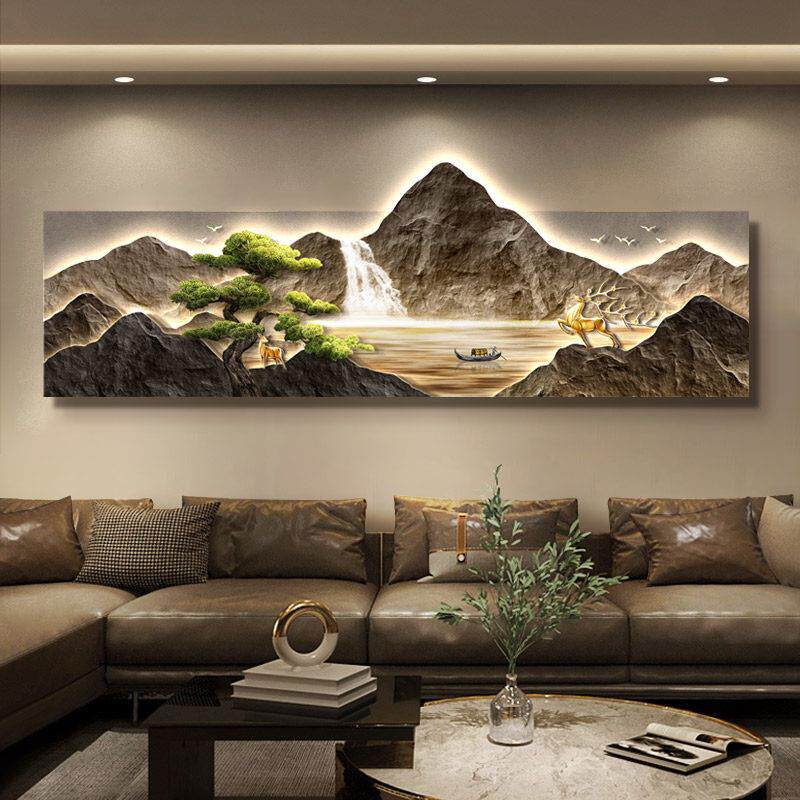 现代轻奢客厅装饰画背有靠山沙发背景墙挂画大气山水高级感壁画灯