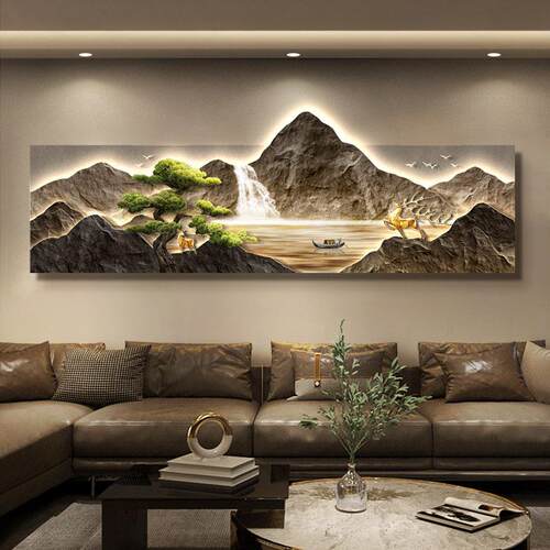 现代轻奢客厅装饰画背有靠山沙发背景墙挂画大气山水高级感壁画灯