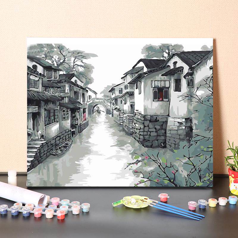 数字油画diy填充鱼米之乡手工填色烟雨江南小镇风景油彩丙烯意赛