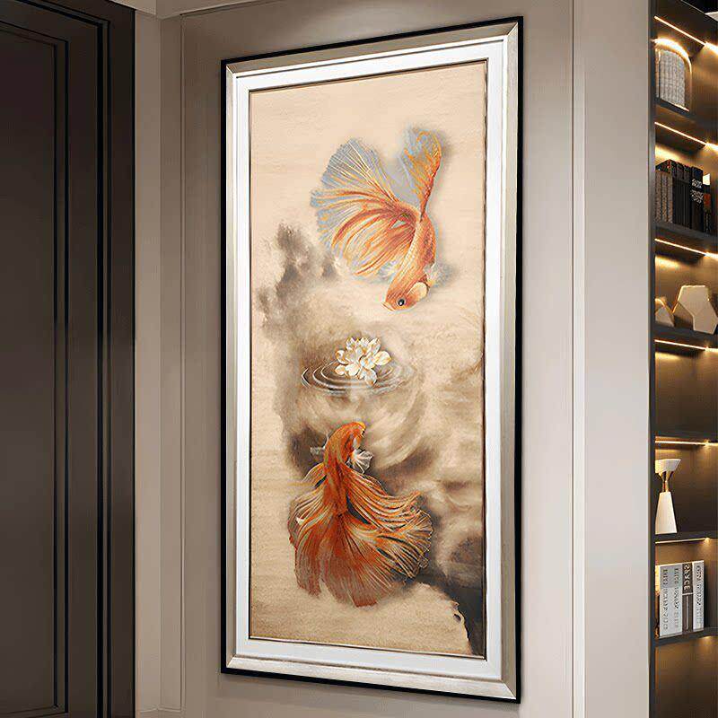 高端立体实物新中式入户过道玄关装饰画水晶面装裱挂画锦鲤