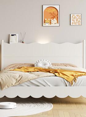 奶8油风白色全实木床现代简约主卧1.米双带人床1.5m床卧K63#室储