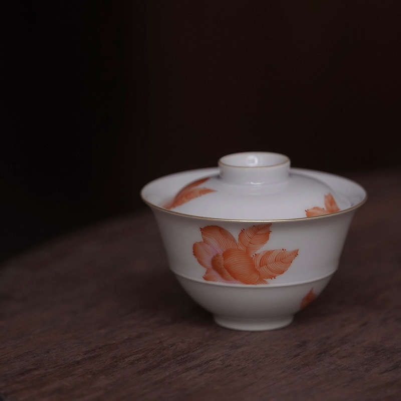 赋山堂景德镇矾红花时盖碗描金手工手绘陶瓷单个泡茶碗