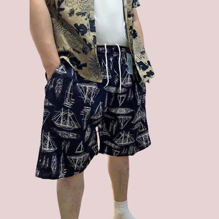 夏薄款棉绸大裤衩印花漂流沙滩裤男度假速干透气宽松居家男士短裤