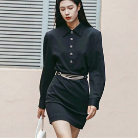 2023春秋商场同款女装黑色，收腰polo领长袖，衬衫连衣裙包臀短裙