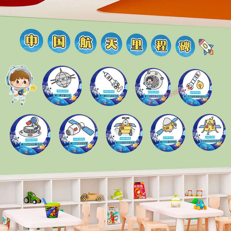 幼儿园中国航天航空里程碑环创科技爱国太空主题文化走廊教室墙贴