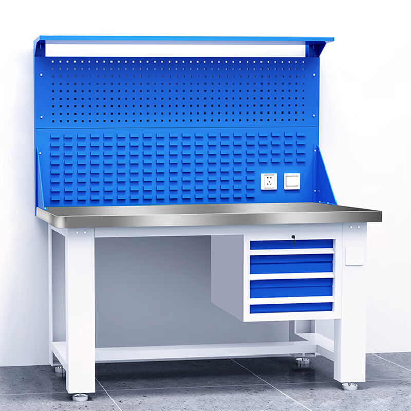 奕多美重型钳工台工作台不锈钢桌面2100*750*800吊三抽带灯架层板