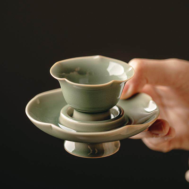 越窑青瓷宋韵高足花口杯葵花茶盏古器手工茶具茶杯文人空间茶器