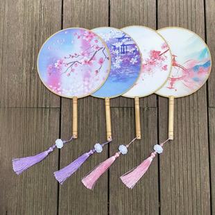 双面圆扇古扇妇女儿童长柄流苏古汉旗袍舞扇圆扇小圆扇