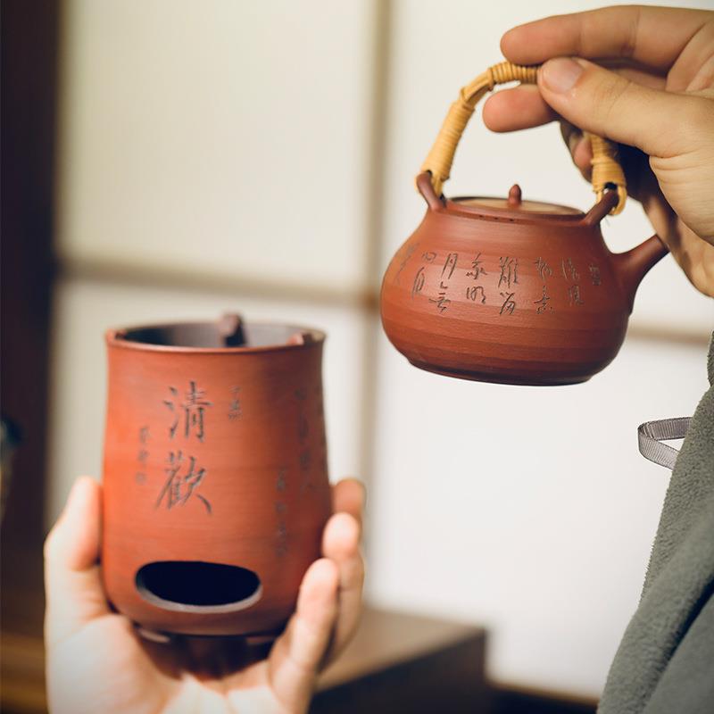 景德镇纯手工陶瓷风炉清欢套组围炉煮茶碳炉藤编提梁烧水壶组合