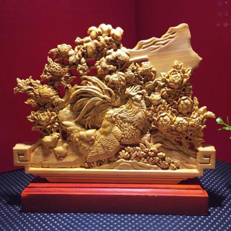 崖柏木雕鸿当头摆件实木雕刻鸡年贺彩客厅装饰吉祥生肖工艺品