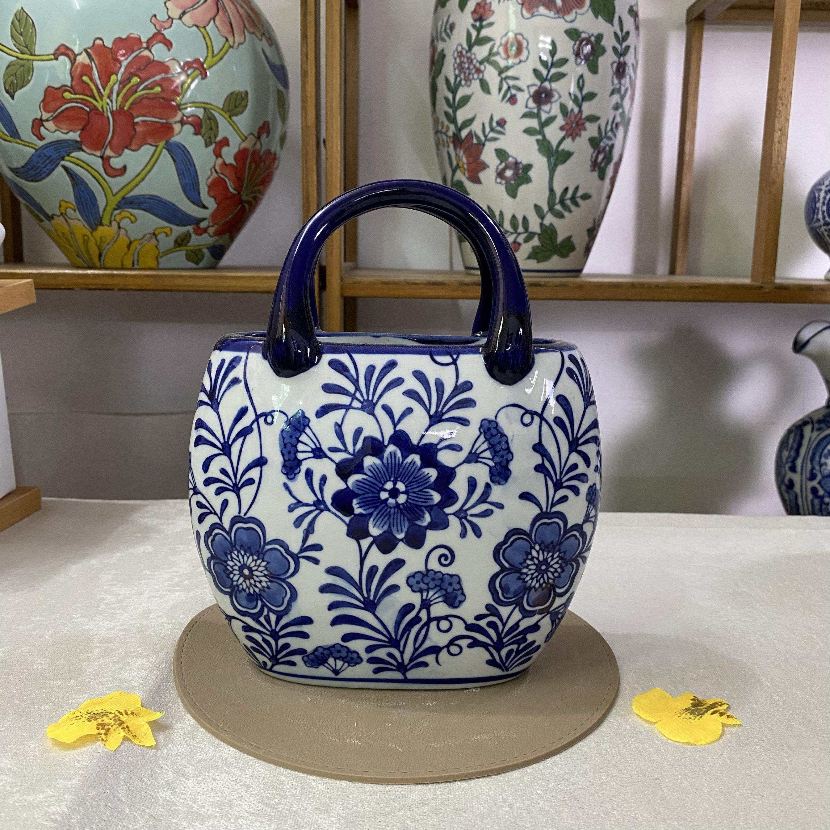 陶瓷花瓶手提包青花瓷插干花客厅台面电视柜摆件家居装饰品新中式