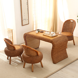 创意阳台茶桌椅组合实木藤编长方形榻榻米茶几客厅休闲小桌子简约