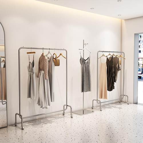 服装店挂衣杆展示架落地中岛不锈钢拉丝银男女装童装店可移动带轮