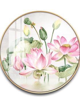 正品新中式荷花装画厅玄关饰莲国花壁画圆形禅意餐中风客厅背景墙