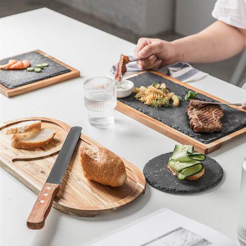Modern black slate with wooden tray Western tableware