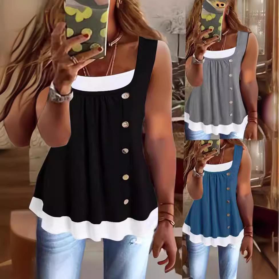 Womens vest top casual color matching pleated solid color