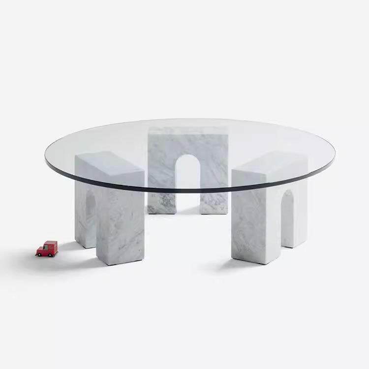 北欧轻奢大理石茶几钢化玻璃圆桌子小户型样板房设计师异形矮茶桌