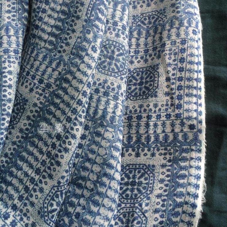 苎麻印花壹旧袍子衬衫面料几何图案夏季薄料数码喷绘连衣裙布料女