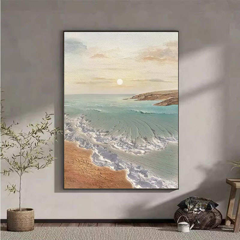 纯手绘油画极简轻奢客厅装饰画立体肌理奶油风海景日出过道挂画