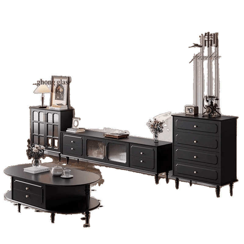 美式复古电视柜茶几组合客厅家用简约现代新款黑色中古电视柜VSa