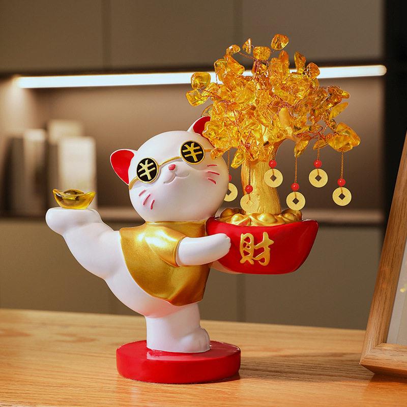 招财猫水晶发财树摆件玄关装饰品开业送礼高档新房乔迁新居礼品