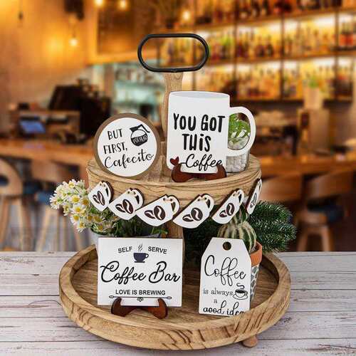 跨境新款简约Coffee咖啡系列桌面木质摆件 家具分层托盘装饰品
