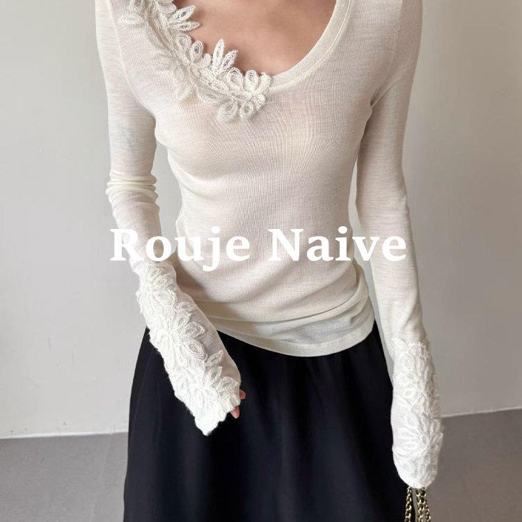 ROUJE NAIVE白色蕾丝花边圆领针织打底衫女春修身内搭t恤正肩上衣