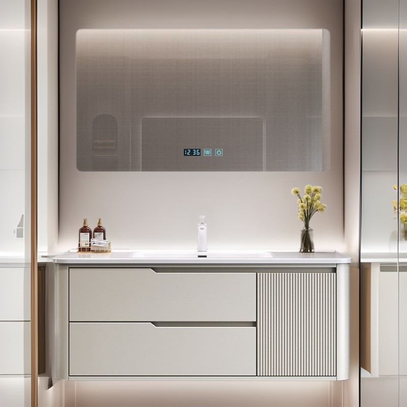 橡木烤漆圆角浴室柜简约现代陶瓷一体盆洗手洗漱台收纳柜智能