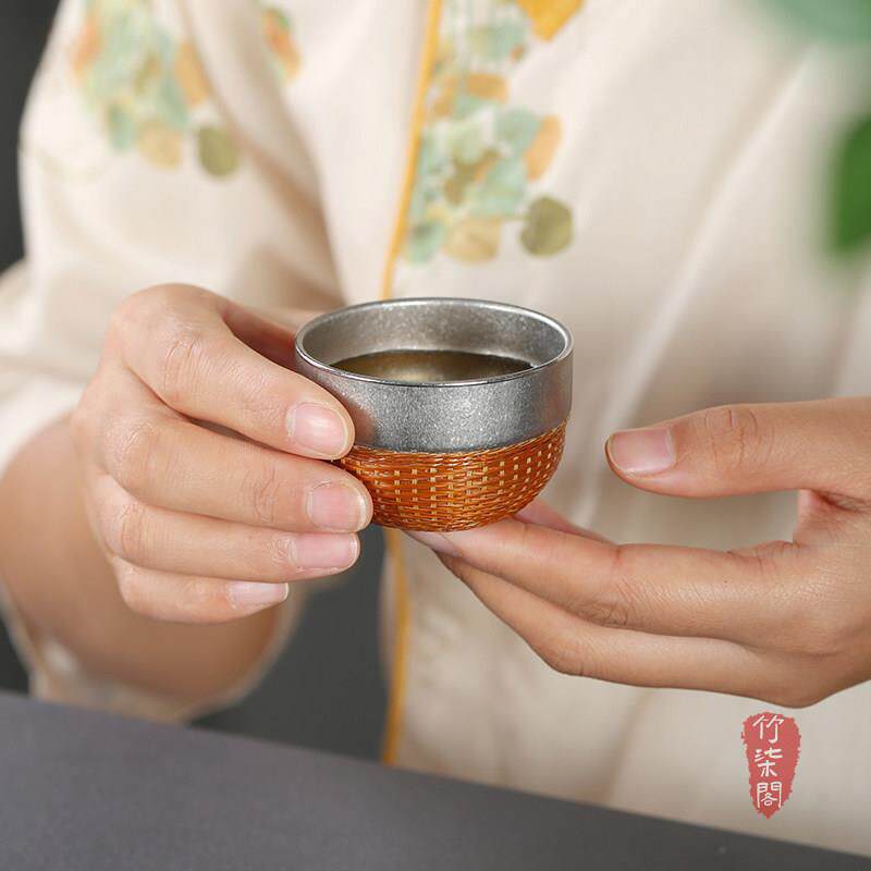 竹柒阁手工竹丝竹编纯钛茶杯品茗杯钛杯茶室泡茶杯便携茶具主人杯