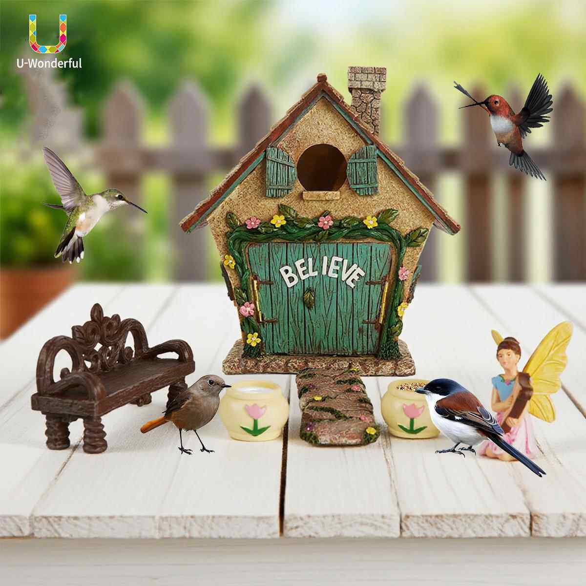 现货庭院鸟屋自动蜂鸟喂食器仙女树脂摆件户外花园房屋装饰摆件