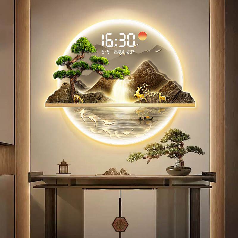 入户玄关装饰画 画带灯钟表挂钟客厅高级感流水生财挂画 画电子时