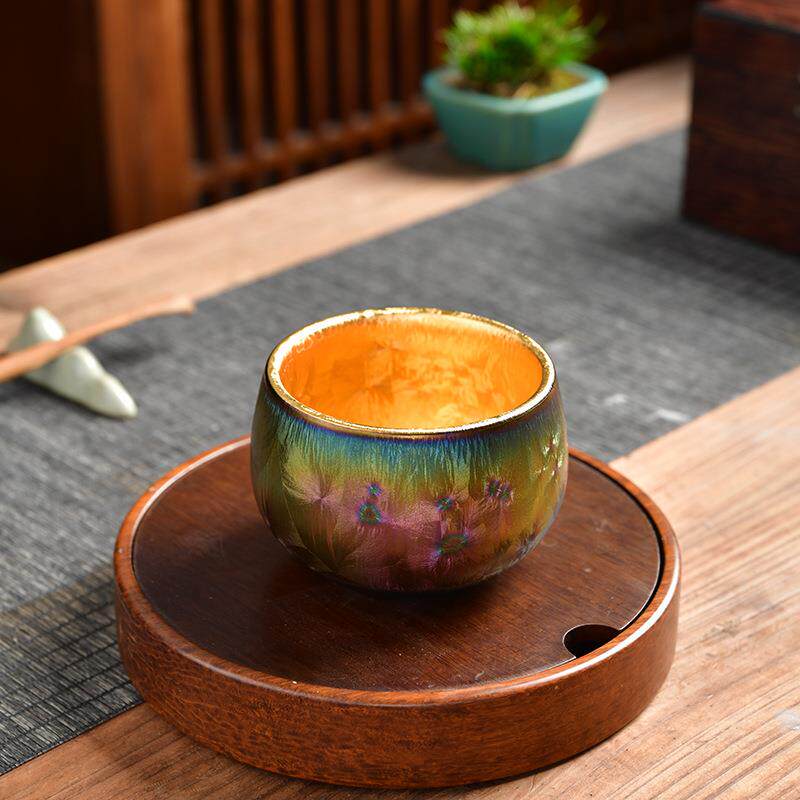七彩鎏金茶杯盏24K金窑变茶盏陶瓷陶瓷主人杯单杯鎏金品茗杯