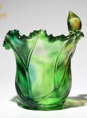 琉璃荷叶办公桌摆件书房荷花开业舒家居装饰品工艺品礼品客厅笔筒