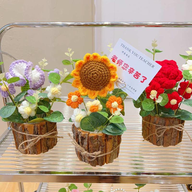 生日实用礼物手工编织毛线向日葵玫瑰花树桩盆栽摆件教师节礼物