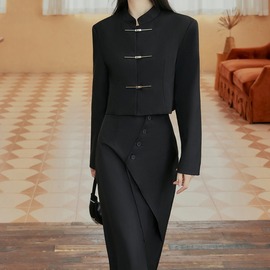 秋冬女装复古新中式国风高级感黑色小西装，两件套优雅气质礼服长裙