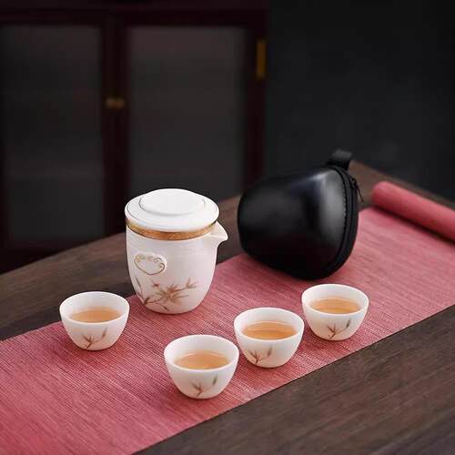 羊脂玉手绘描金高端白瓷便携茶具套装一壶二/四杯家用户外用豪礼