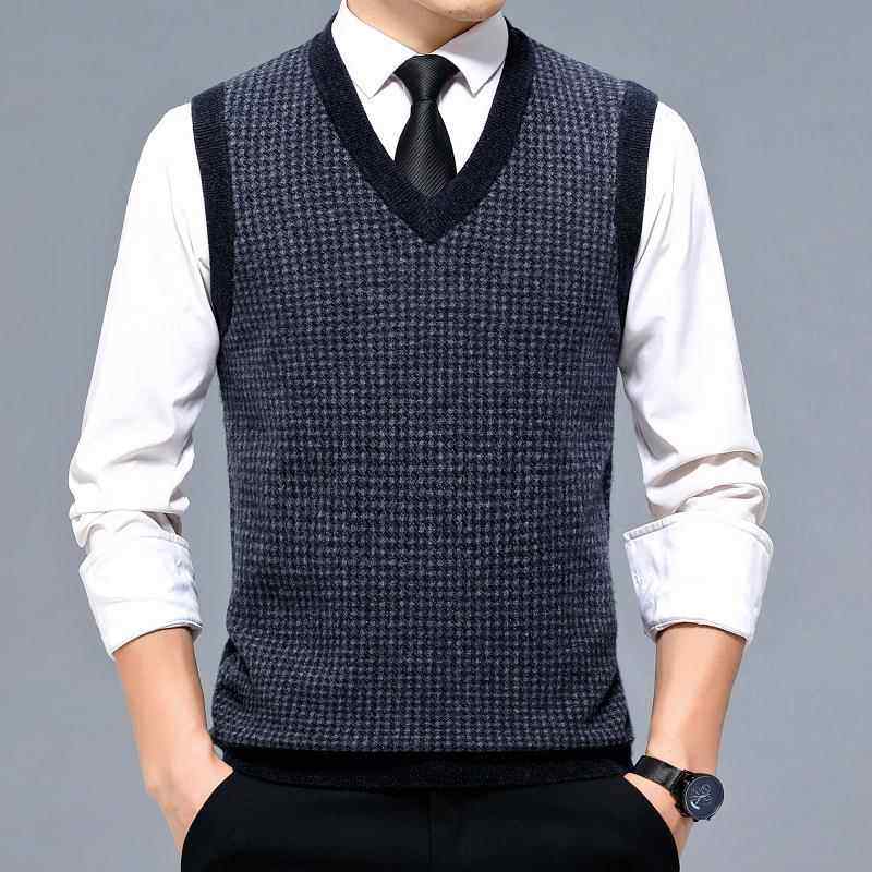 %山羊绒背男秋3508-KK冬加厚领休男士毛闲衣百搭男装无心袖马甲