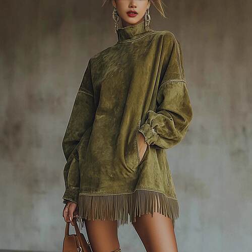 High neck pocket tassel long sleeved suede dress