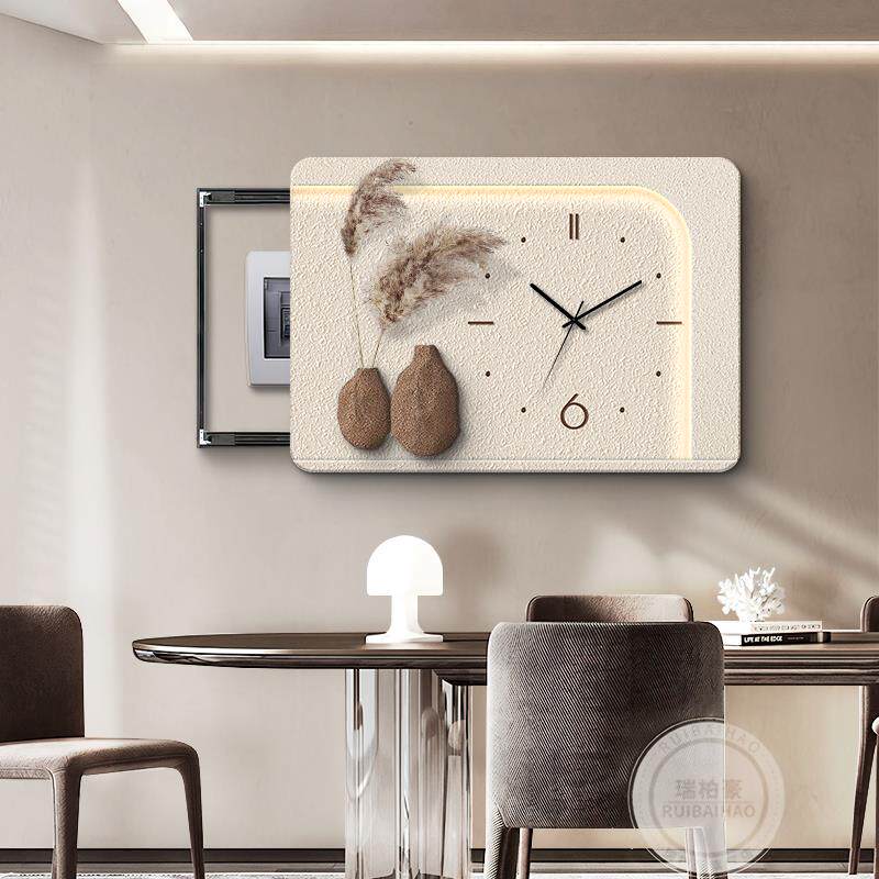 侘寂风电表箱装饰画画带钟表推拉式配电箱遮挡电闸盒开关盒饭厅挂