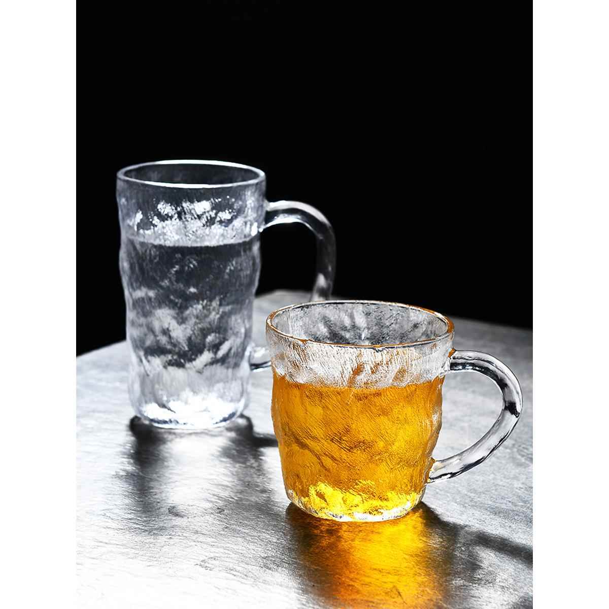 茶杯玻璃杯带把手冰川纹马克高颜值水杯男家
